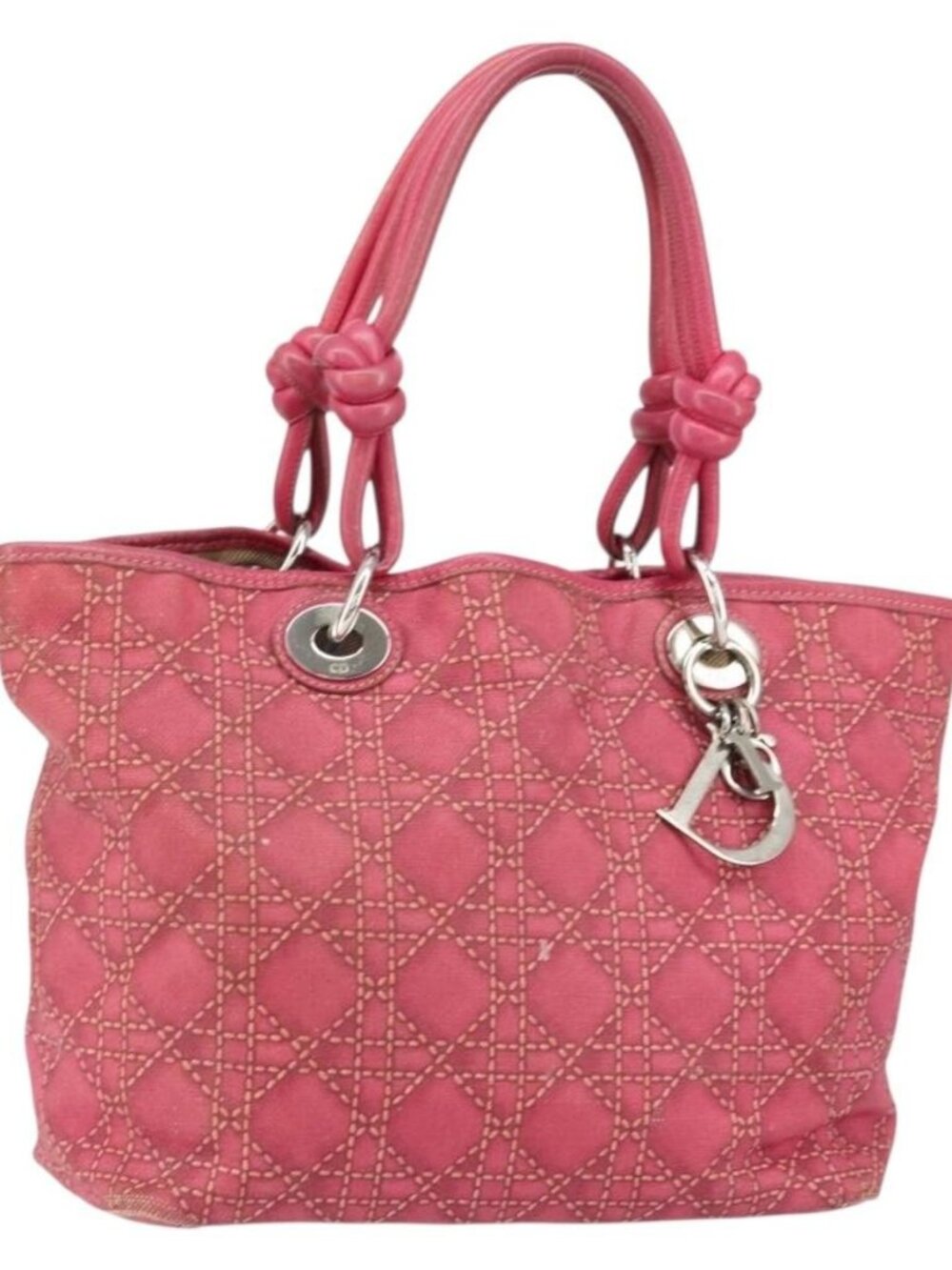 Christian Dior Canage Hand Bag Coated Canvas Pink Silver Auth 156007